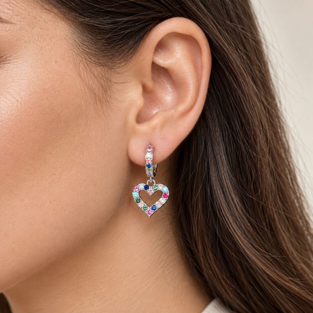 Silver Stainless Steel Multicolor CZ Heart Dangle Hoop Earrings | New in Box